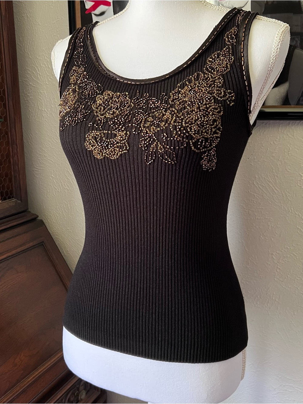 Black Beaded Silk Sweater Top